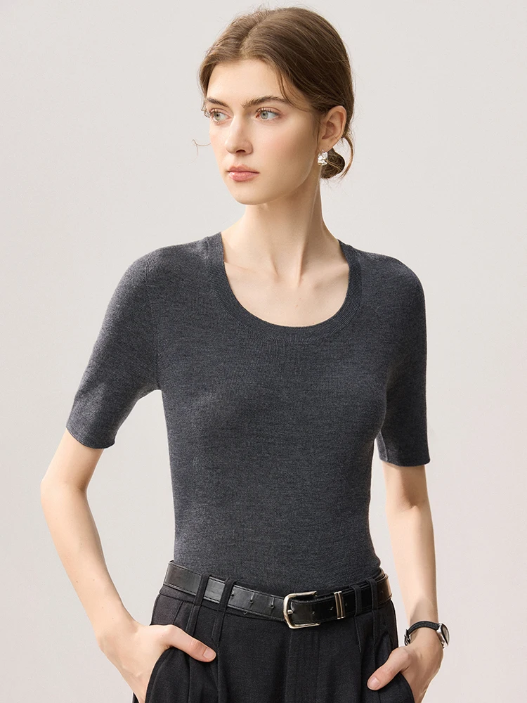 Simple Spring Summer Women Wool Sweater U Neck Pullover 100% Wool Knitwear Half Sleeve Slim Solid Female Tops