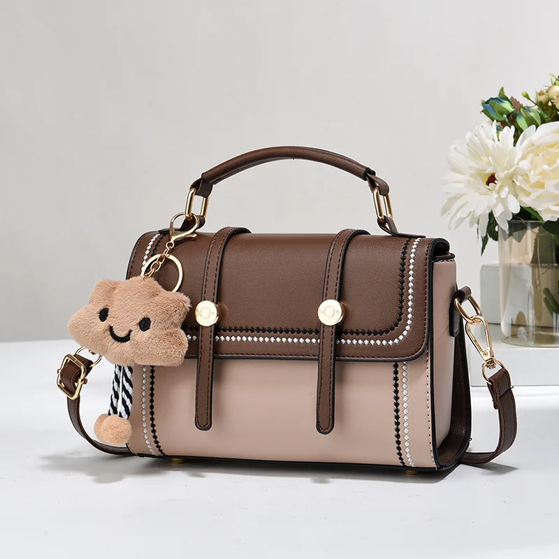 Vintage Colorblock Handbag with Cute Bear Charm Decor Luxury Handbags for Women Versatile PU Leather Zipper Crossbody Bag