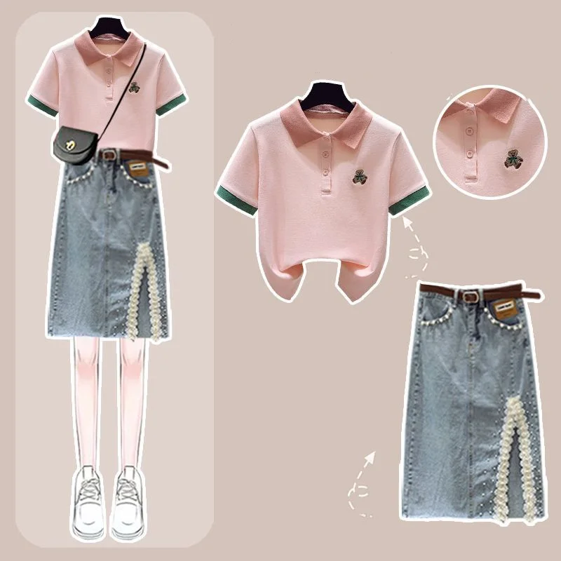 Summer Fashion Age Reducing Outfits 2023 New Skin Covering Slim Polo Neck Short Sleeve Denim Skirt Two Piece Set Fashion