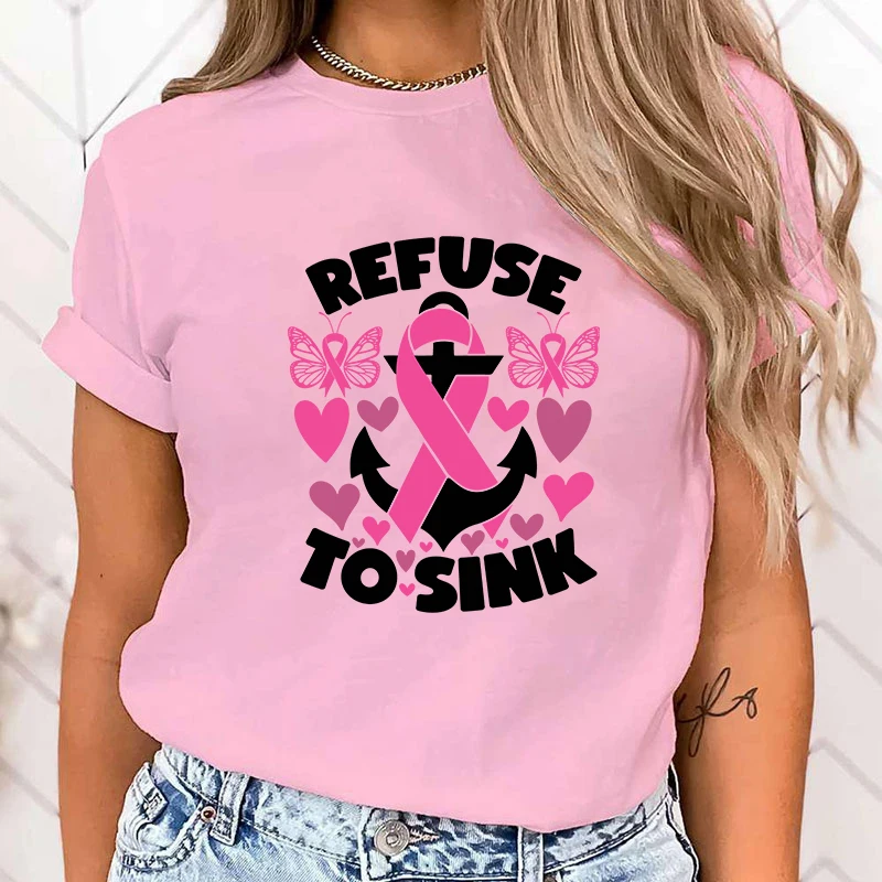 (High Quality Clothes)Breast Cancer Awareness Refuse To Sink Print Short Sleeve T Shirts Women T Shirts Summer Short Sleeved