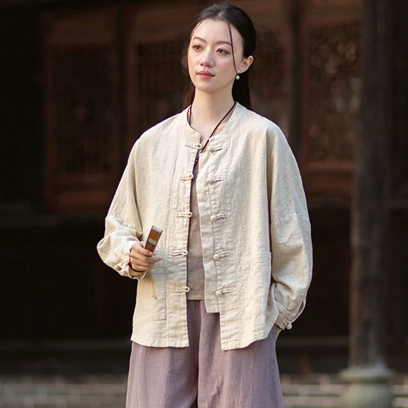 

Women Cotton Linen Casual Shirt New 2026 Spring Chinese Style Vintage Stand Collar Solid Color Loose Female Tops Shirts M2356