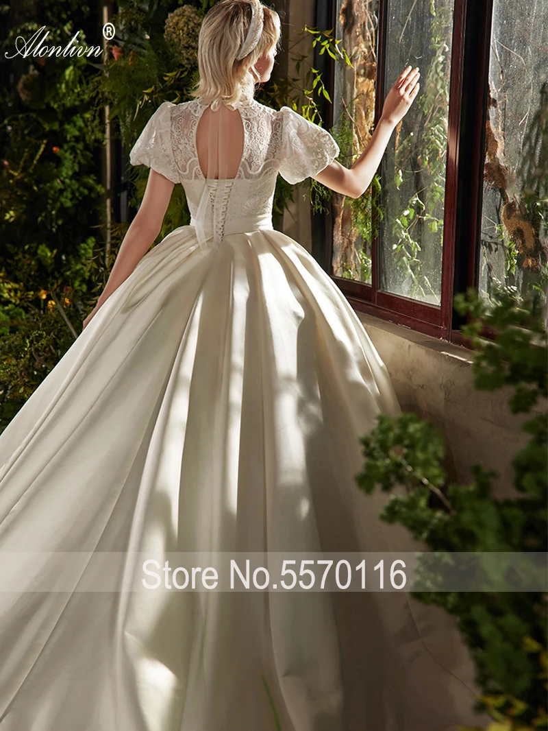 Alonlivn Puff Korte Mouw Baljurk Trouwjurken Kant Van Top Satijn Botton Hoge Kraag Bridal Rok