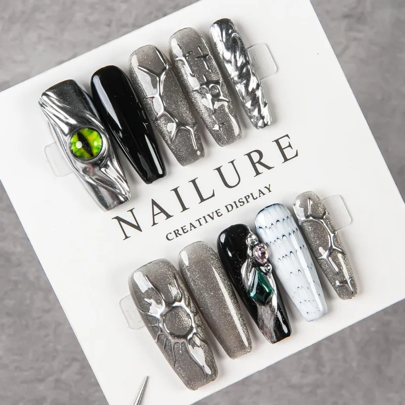 Handmade Metallic Silver Coffin Press On Nails Gothic 3D Demon Eye Gem Thorn Texture Black White Punk Dark Cool Reusable False N