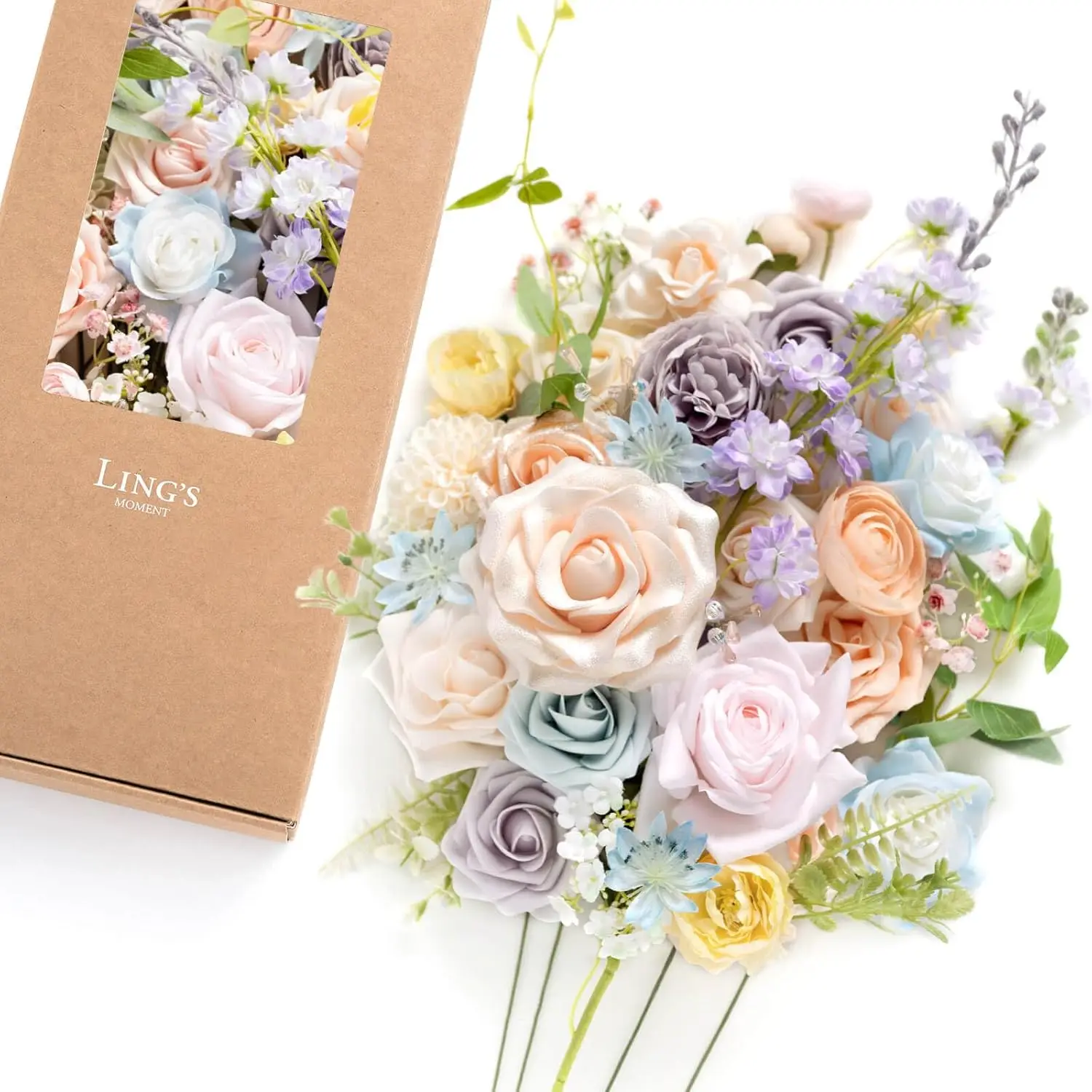 

Artificial Silk Flowers Box, Foam Roses Gardenia Ranunculus for Wedding Centerpieces Bouquet Vase Decor, Powder Blue & Peach