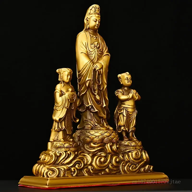 Copper Avalokitesvara Buddha Statue, Golden Child and The Jade Girl Offering Ornaments, Home Furnishing Buddha Sculptures, 1Pc