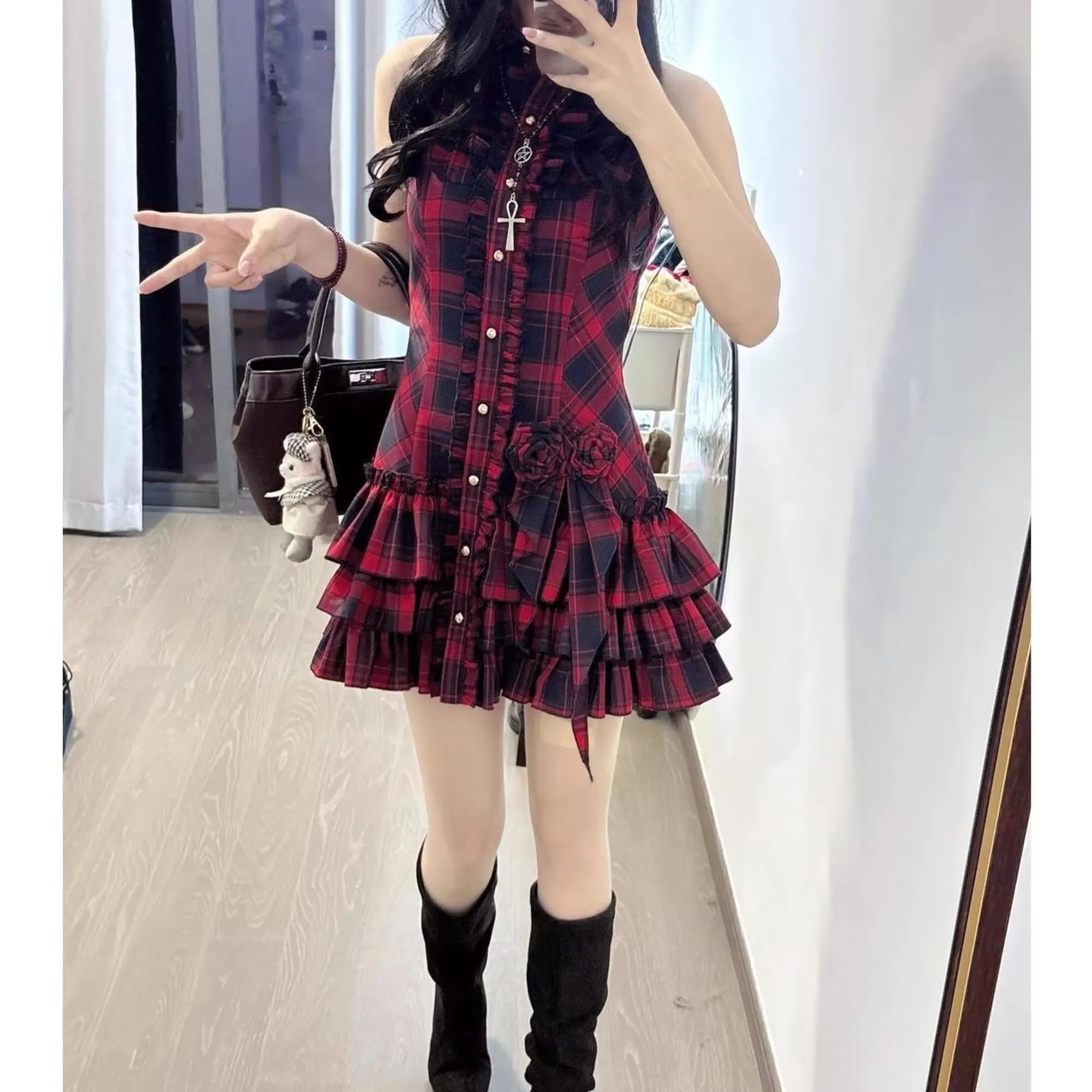 

Summer Lolita Slim Plaid Sleeveless Dress Women Kawaii Design Chic Ruffle Lapel Vest Dresses Female New Thin Cake Y2k Mini Dress