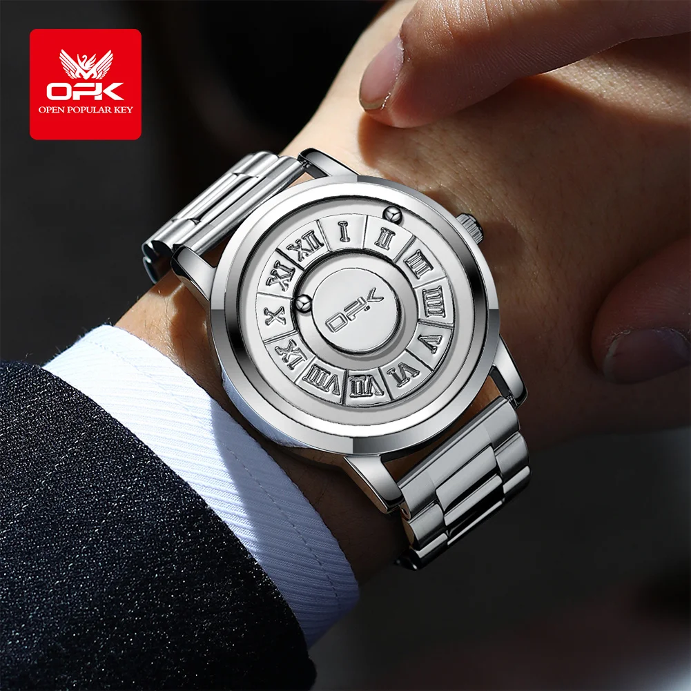 OPK 8181 ساعة رجالي العلامة التجارية الأصلية الفولاذ المقاوم للصدأ كوارتز ساعة اليد 30 متر مقاوم للماء لا مؤشر المغناطيسي حبة الساعات للرجال