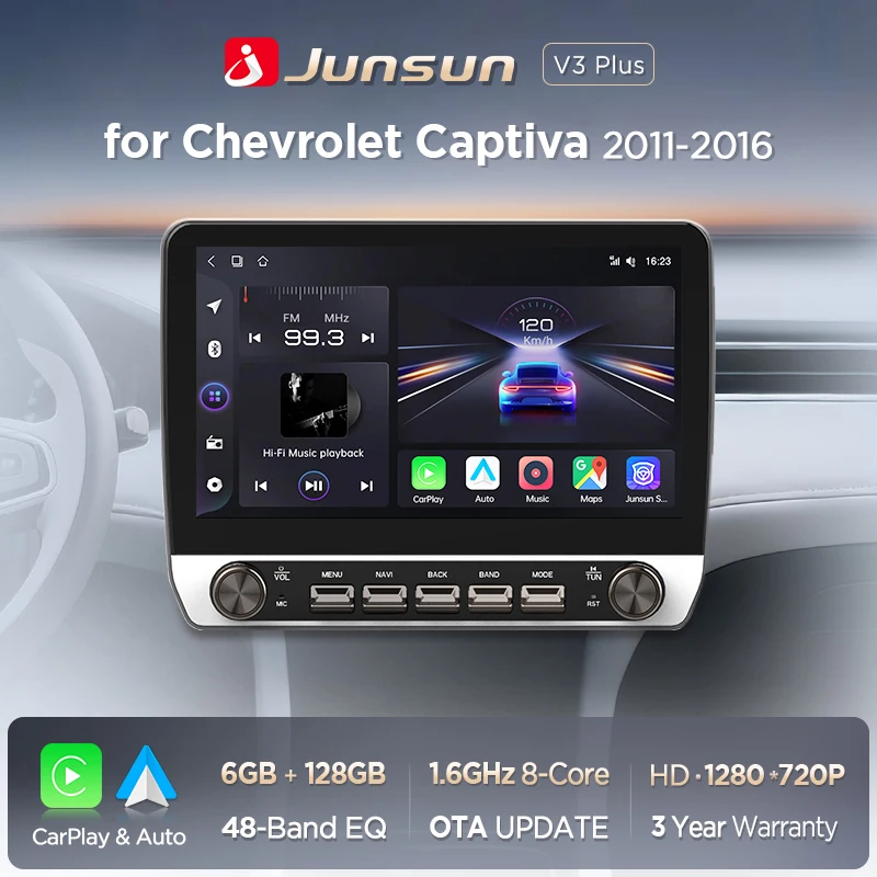 Junsun 10,1" Wireless Carplay Android Auto Autoradio für Chevrolet Captiva 2011-2016 Radio mit Taste Bluetooth GPS Navi 4G DSP