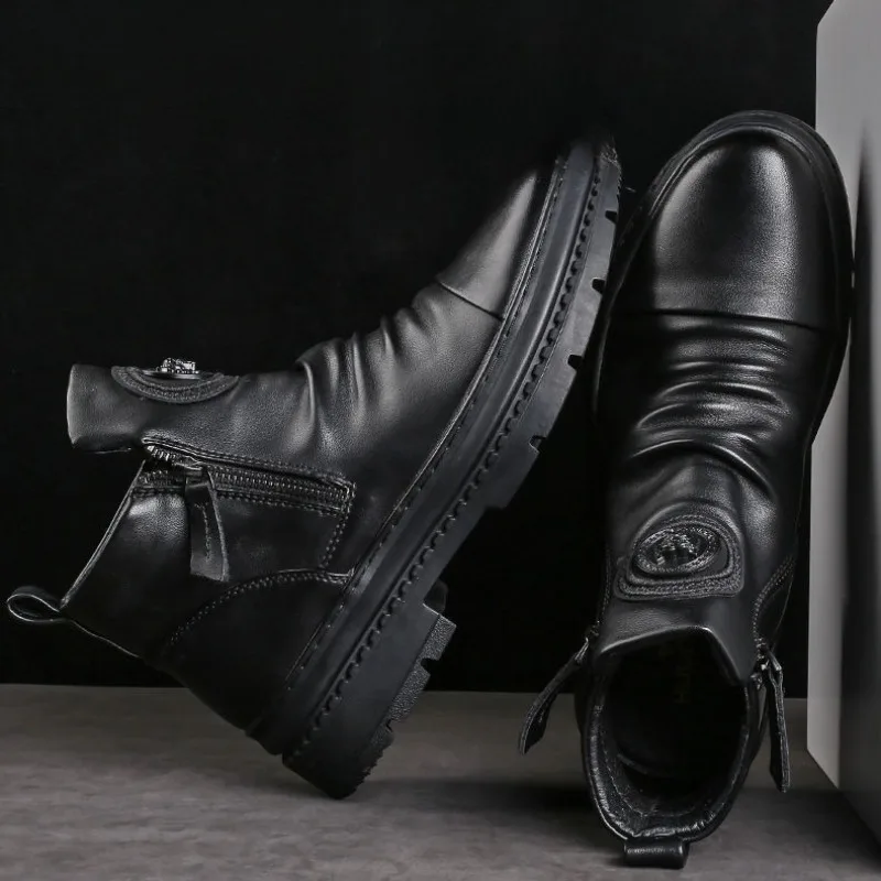 Mens High-top Boots Luxury Business Office Dress Boots Fashion Casual Leather Boots for Men Side Zipper Motorcycle Ankle Booties
