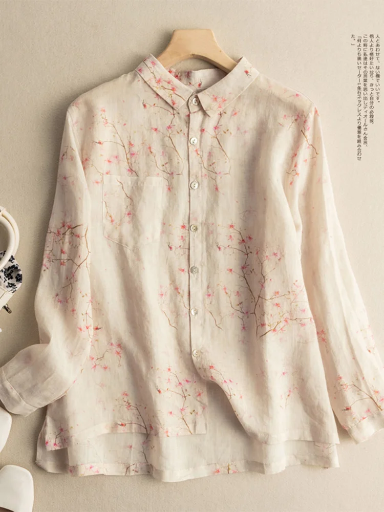 

Свободный крой, льняной длинный светильник с цветочным принтом, женский воротник на пуговицах, повседневная осенняя коллекция Sle Commute Faion