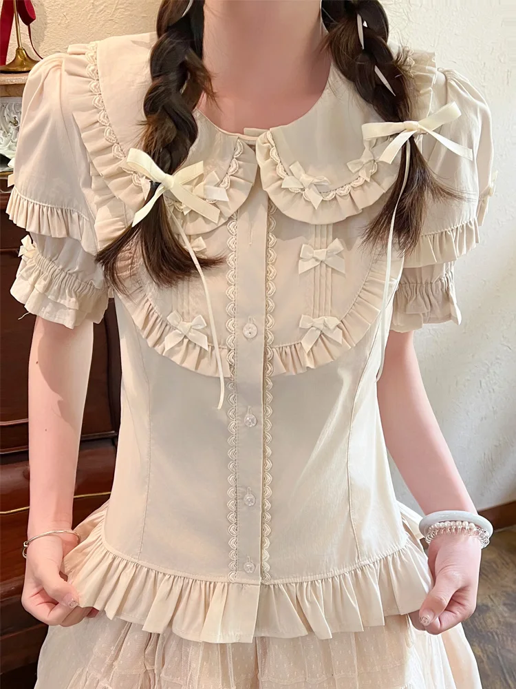 

NONSAR японская внутренняя блузка в стиле Лолиты, женская летняя милая рубашка с бантом и оборками, с короткими пышными рукавами, однотонная рубашка с воротником Питера Пэна, топы для девочек Y2k