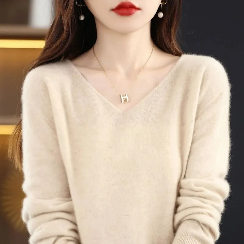 

Women Sweater V-neck Spring Autumn Knitwear Long Sleeve Slim Warm Sweater Pullovers Lady Basic Jumpers Knitted Bottoming Shirt