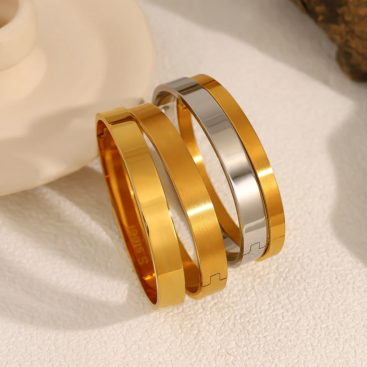 

WILD & FREE 18K Gold Plated Stainless Steel Bangle Bracelet for Women Metal Minimalist Glossy Trendy Statement Jewelry