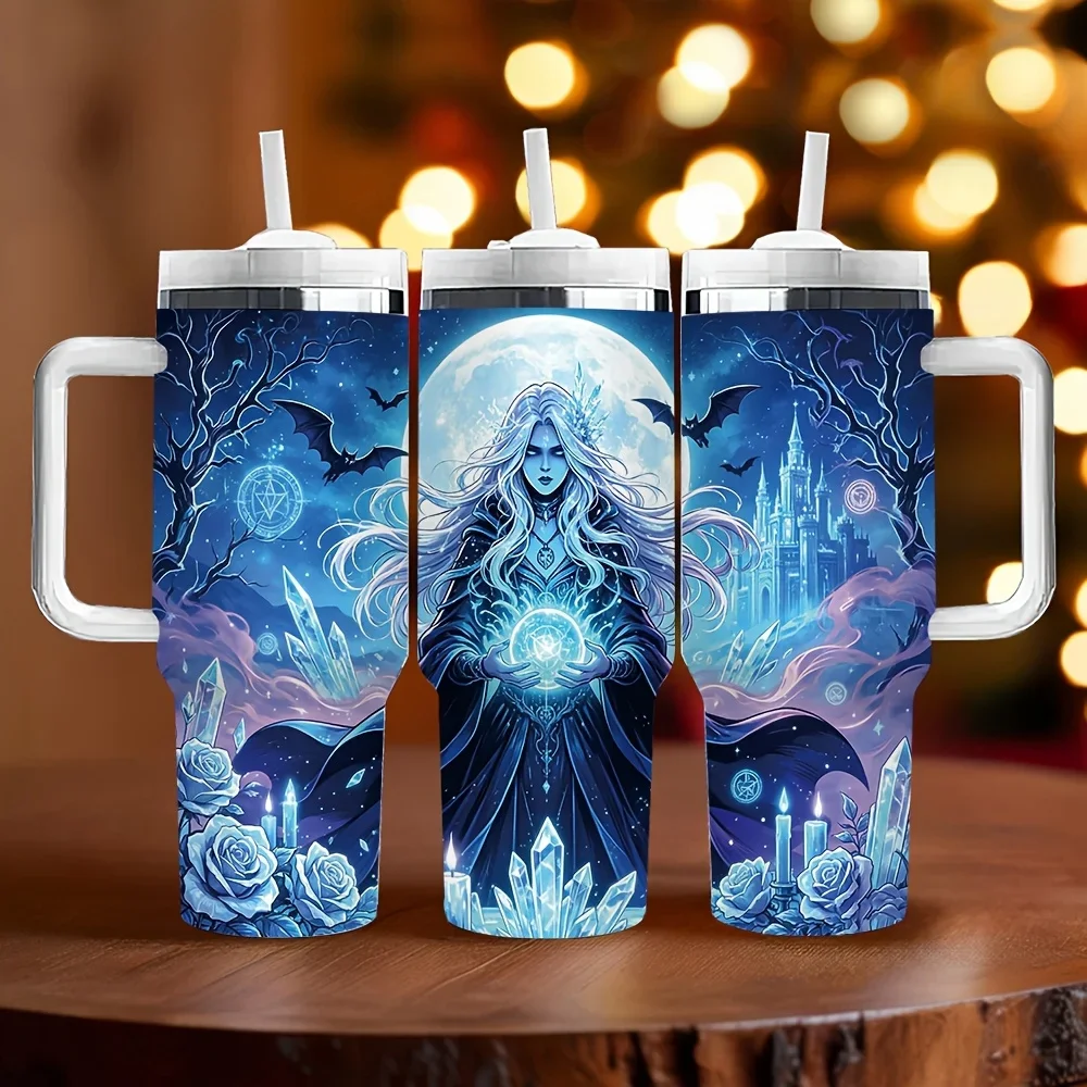 40oz Insulated Tumbler with Handle, Mystical Moon Witch Print with Bat And Castle, Perfect As Holiday And Birthday Gift, Features Long Lasting Temperature Retention, Suitable for Daily Use And Outdoor Activities