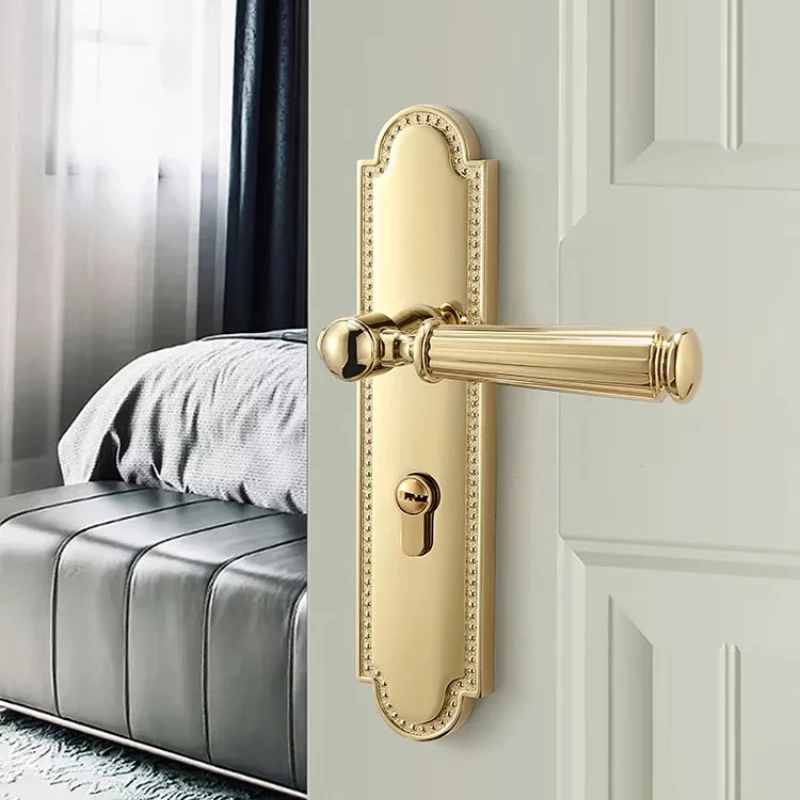 French Gold Bedroom Lock Magnetic Silent Lock Double Door Handle Lockset, Zinc Alloy Privacy Keyed Entry Hardware of Wooden Door