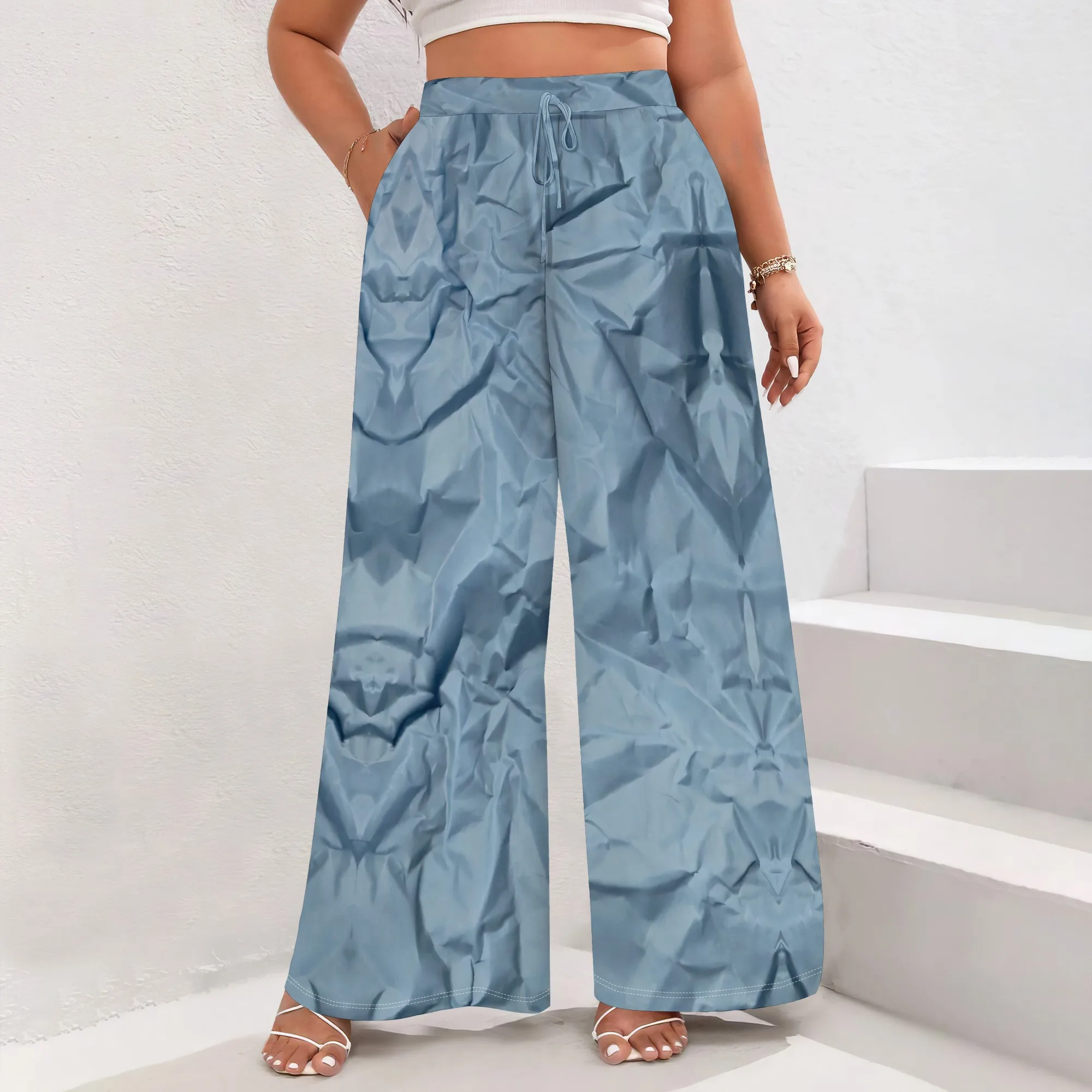 

Women's Rose Red High-Waist Wide-Leg Pants Polyester Summer Trendy