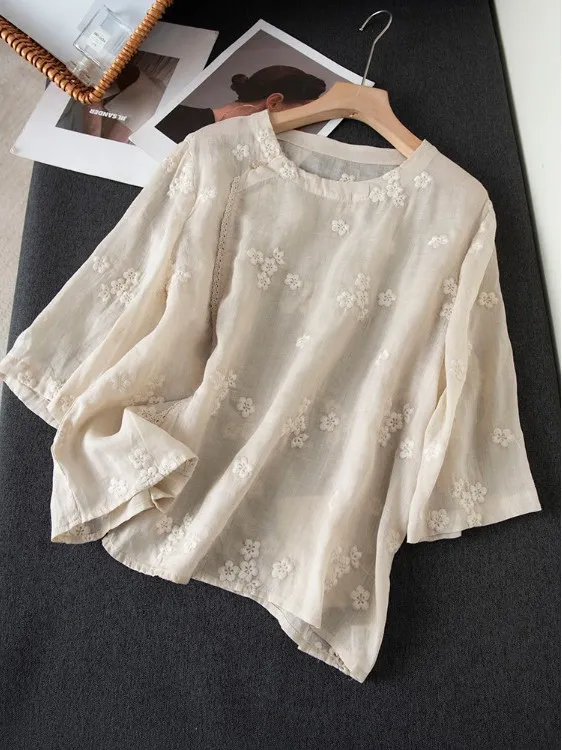

Ele Embroidered Flax irt Women's Summer New Sle Breathable round Ne Side Button Thin irt New Chinese Sle Small ...