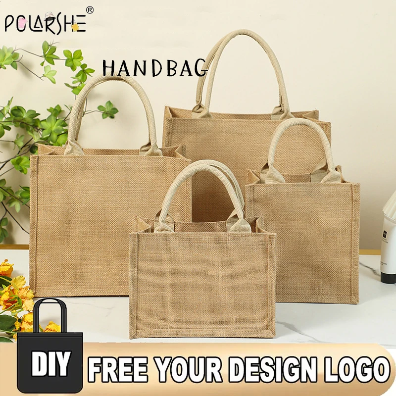 Polarshe Custom Linen Tote Bag Natural Burlap Linen Handbag Shopping Wedding Favors Bridesmaid Gift Beach Bag Travel Organizer