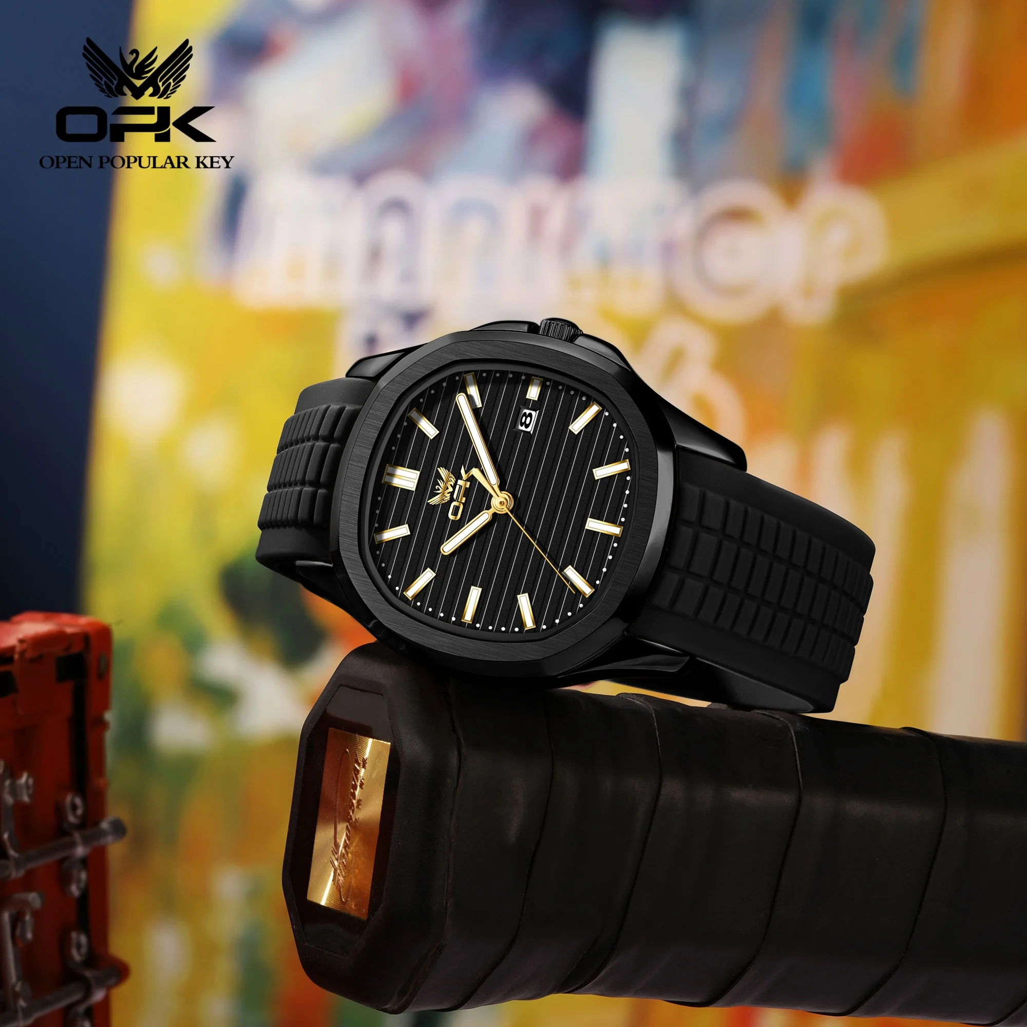 OPK Brand Watch Fashion Striped Silicone Strap Single Calendar Waterproof Quartz Men's Watch 6095