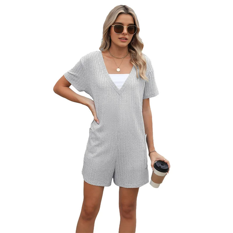 A09P femmes été à manches courtes barboteuse ample décontracté col en V Shorts salopette dames habillées confortables combinaisons avec poches