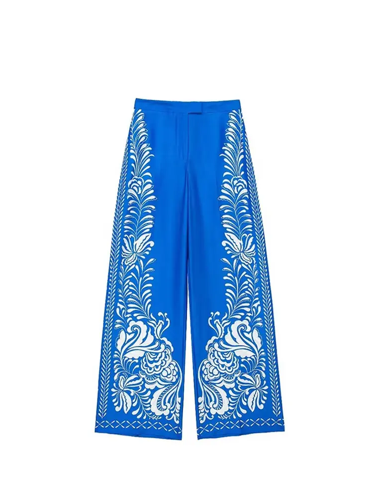 HH Woman Fashion Spring Wide Leg Pants Blue Print High Waist Pockets Button Zipper Trousers Female Bohemian Style Long Pants