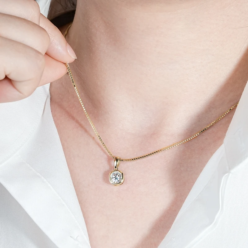 Lnngy 6.5mm 1ct Round Moissanite Necklace 925 Sterling Silver Box Chain Necklaces for Women Collares Mujer Fashion Jewelry Gift