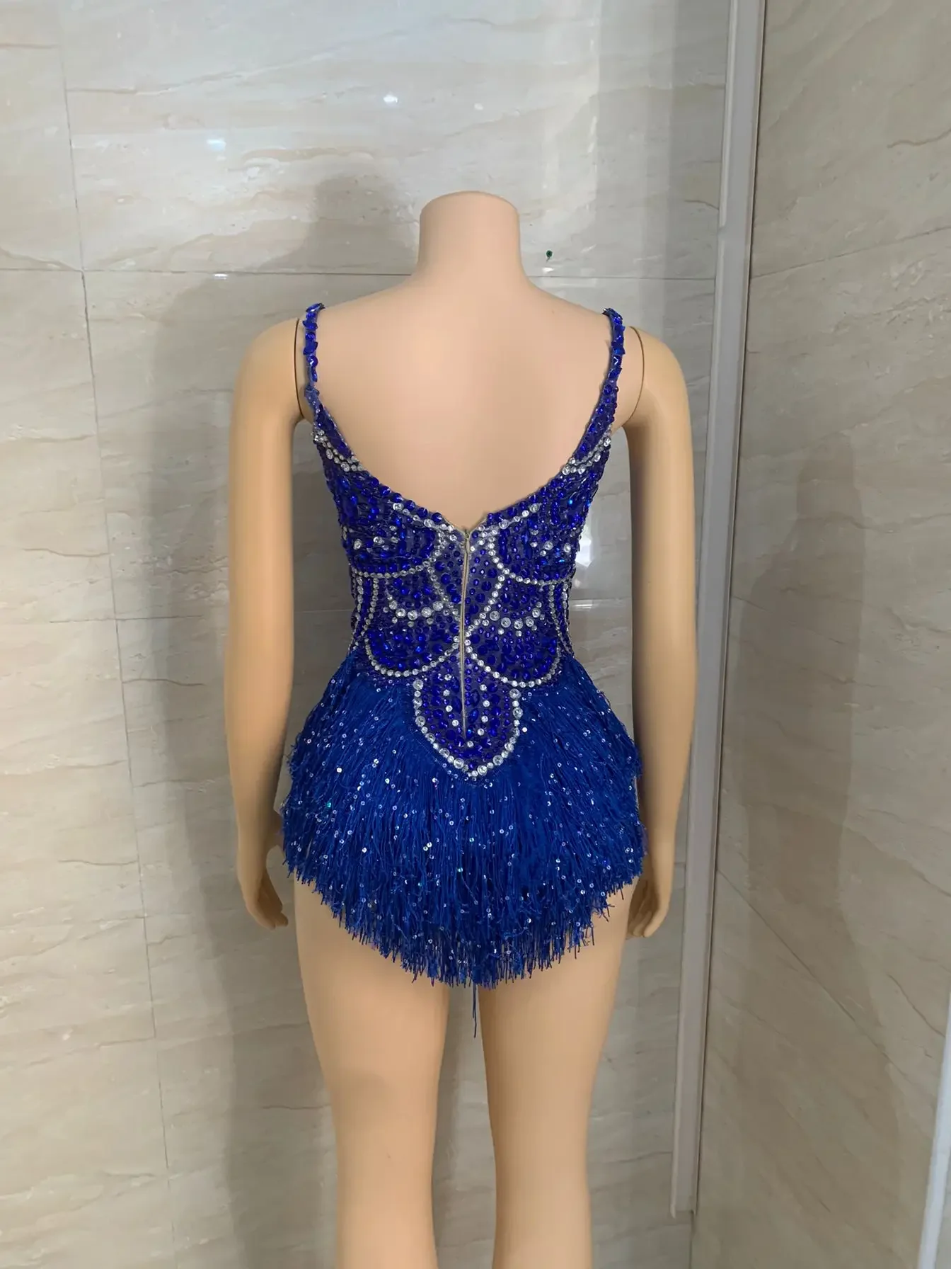 

Blue Rhinestones Fringed Bodysuit Bar Nightclub Dj Ds Rave Outfits Women Sexy Gogo Dance Costume Stage Pole Dance Clothes