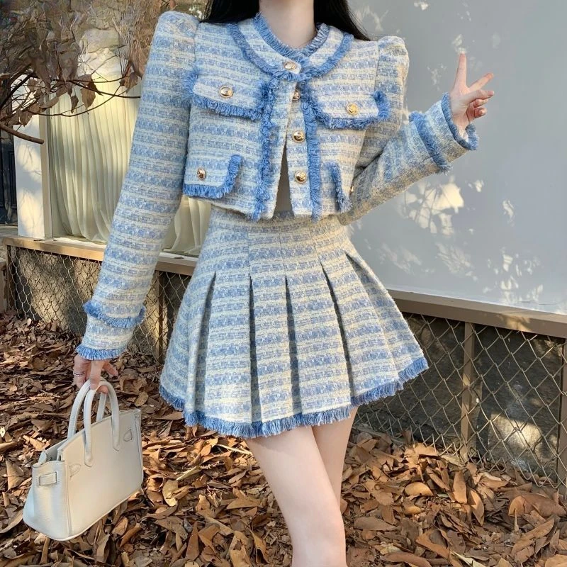 Spring and Autumn 2024 New Tweed Puff Sleeve Coat Thin Pleated Skirt Elegant Set Female Winter Conjunto Twede Feminino