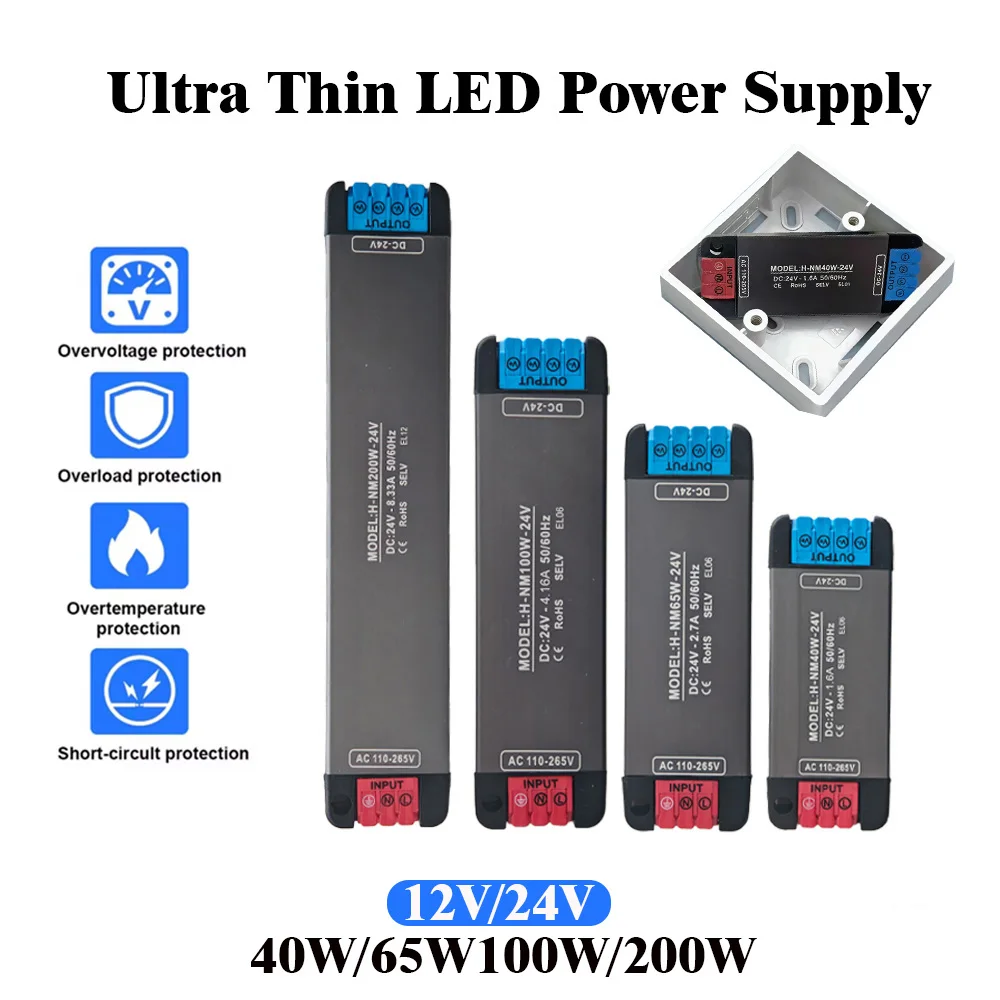 DC24V 200W 100W 65W 40W  Ultra Thin LED Driver Power Supply, Slim Constant Voltage Transformer for LED Strip Light