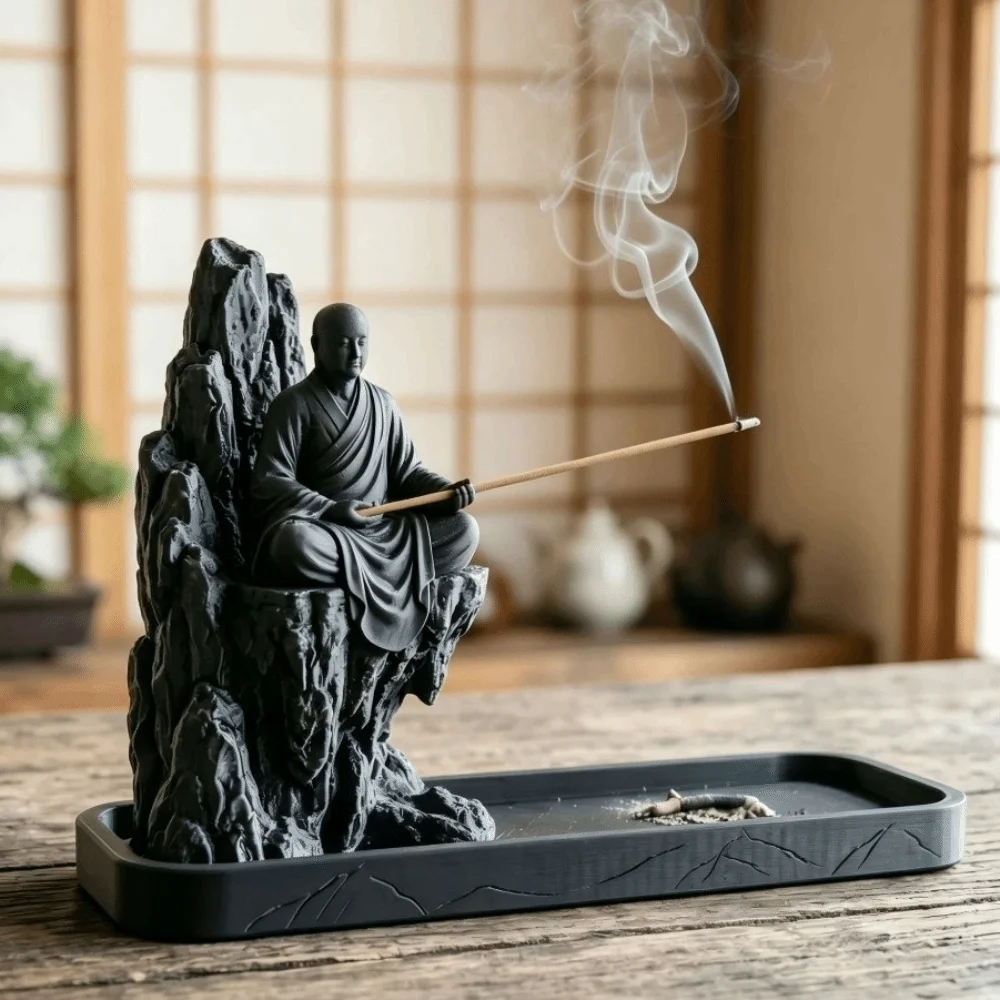 3D Printed Zen Monk Stick Incense Holder Mountain Cliff Ash-Catching Monk Figurine Censer Plastic Rock Shaped