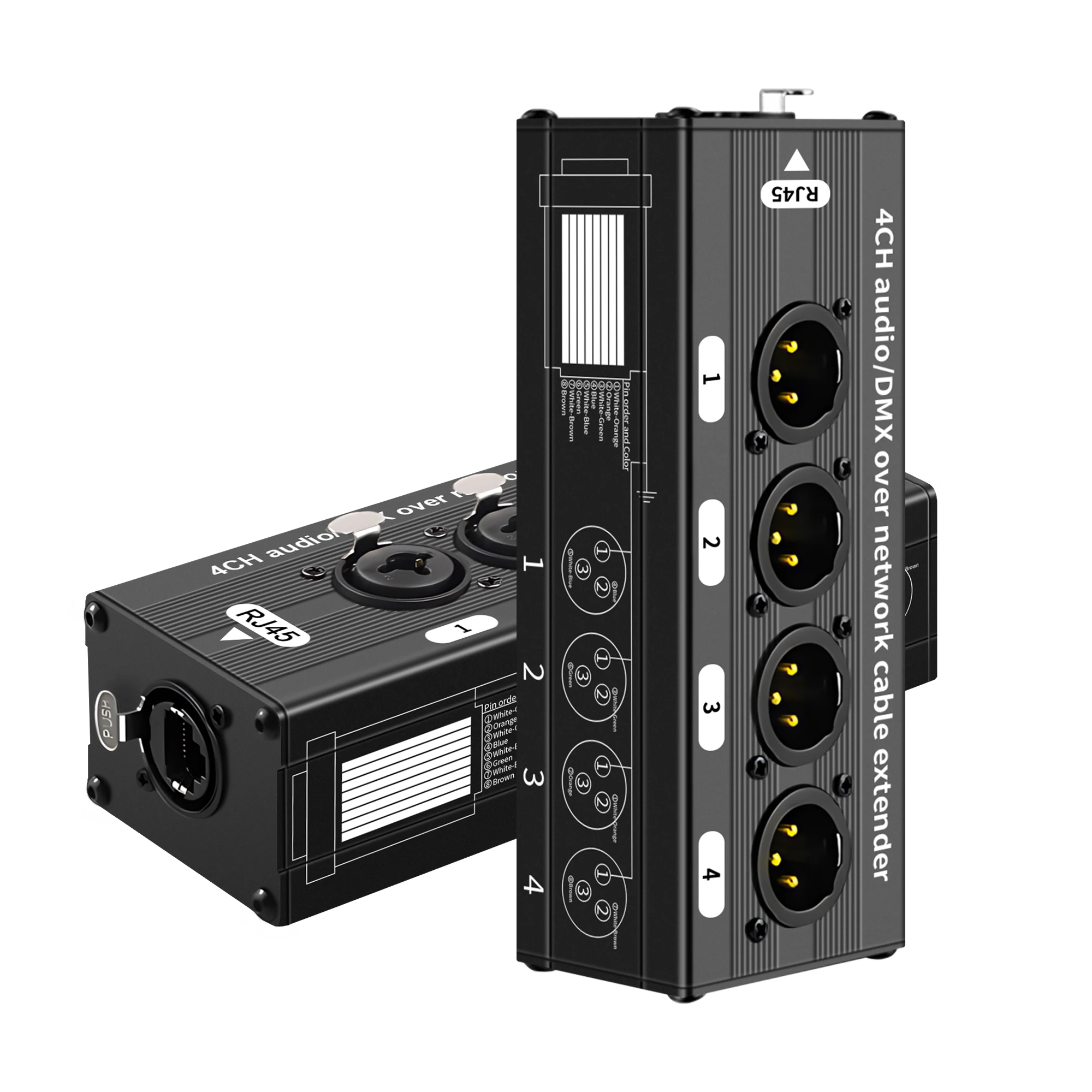 Compact 4CH XLR to RJ45 Extender Over Cat5e Cat6, Audio Transmitter for Stage, Studio & Pro Sound Gear