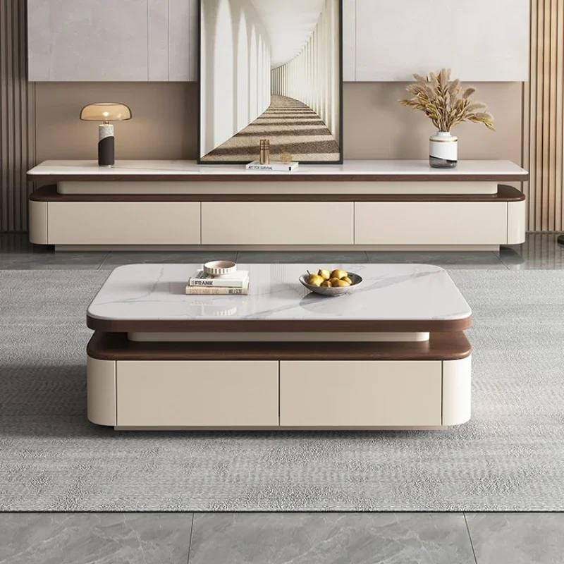 Cream wind solid wood microcrystalline stone rock slab coffee table TV cabinet combination small apartment