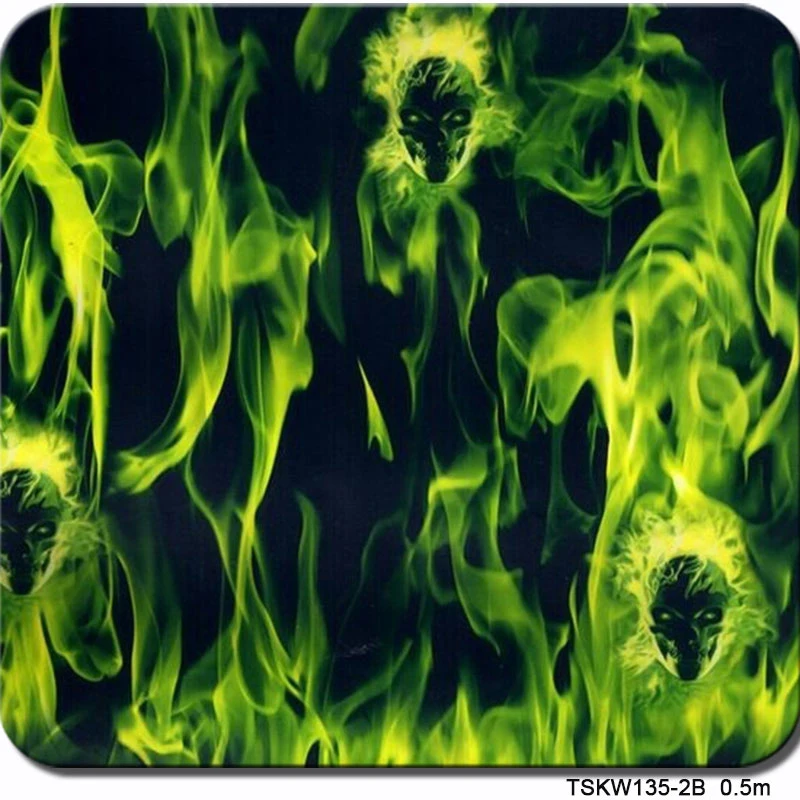 TSAUTOP 0.5mX2m/10m green flame with skull water transfer printing film TSKW135-2B hydro dipping film