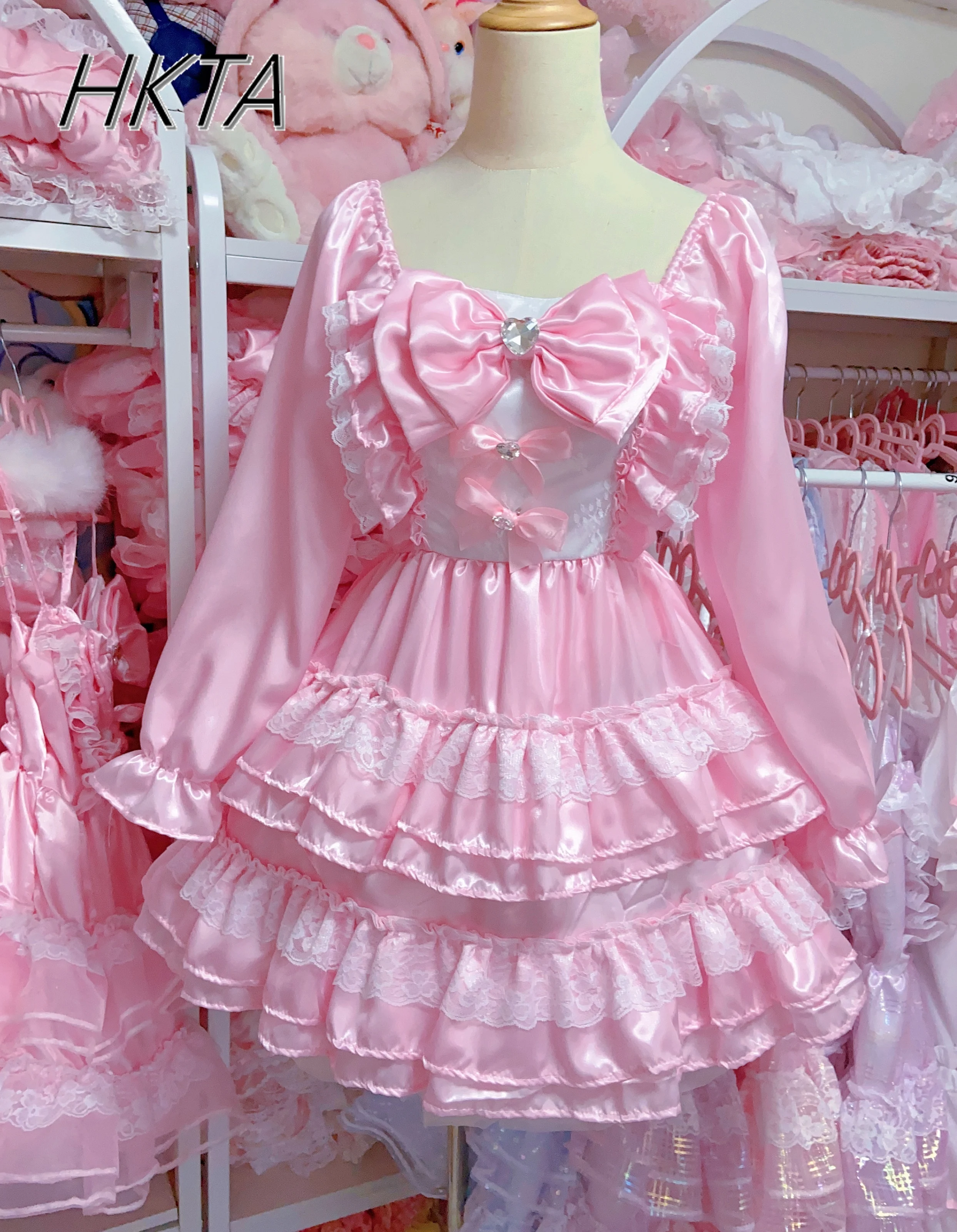 Lolita doce kawaii pescoço quadrado pétala manga longa rosa vestidos curtos feminino verão novo laço arco cintura em camadas bolo vestidos inchados