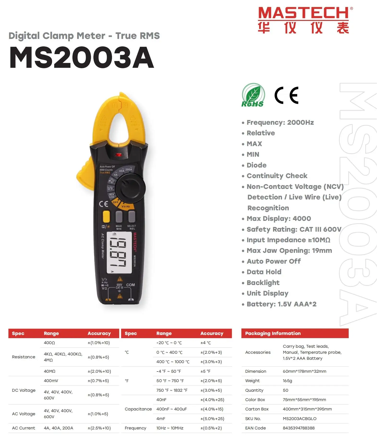 Mastech MS2003A Clamp Meter Digital Multimeter AC Current 6000 Counts Ammeter Voltage Tester Car Amp Hz Capacitance NCV Ohm Test