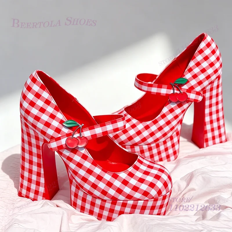 

Red White Checkered Sandals Pump Cute Platform Girls Patchwork Lolita Style Chunky Heels Cherry Appliqu Buckle Summer Party Shoe