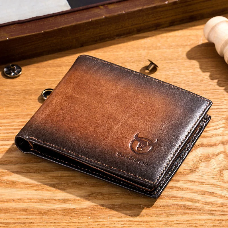 ABQR  RFID Men's Leather Anti-Theft Brush Wallet Double Ultra-Thin Short Wallet Multi-Card Position ID Bag (Brown)