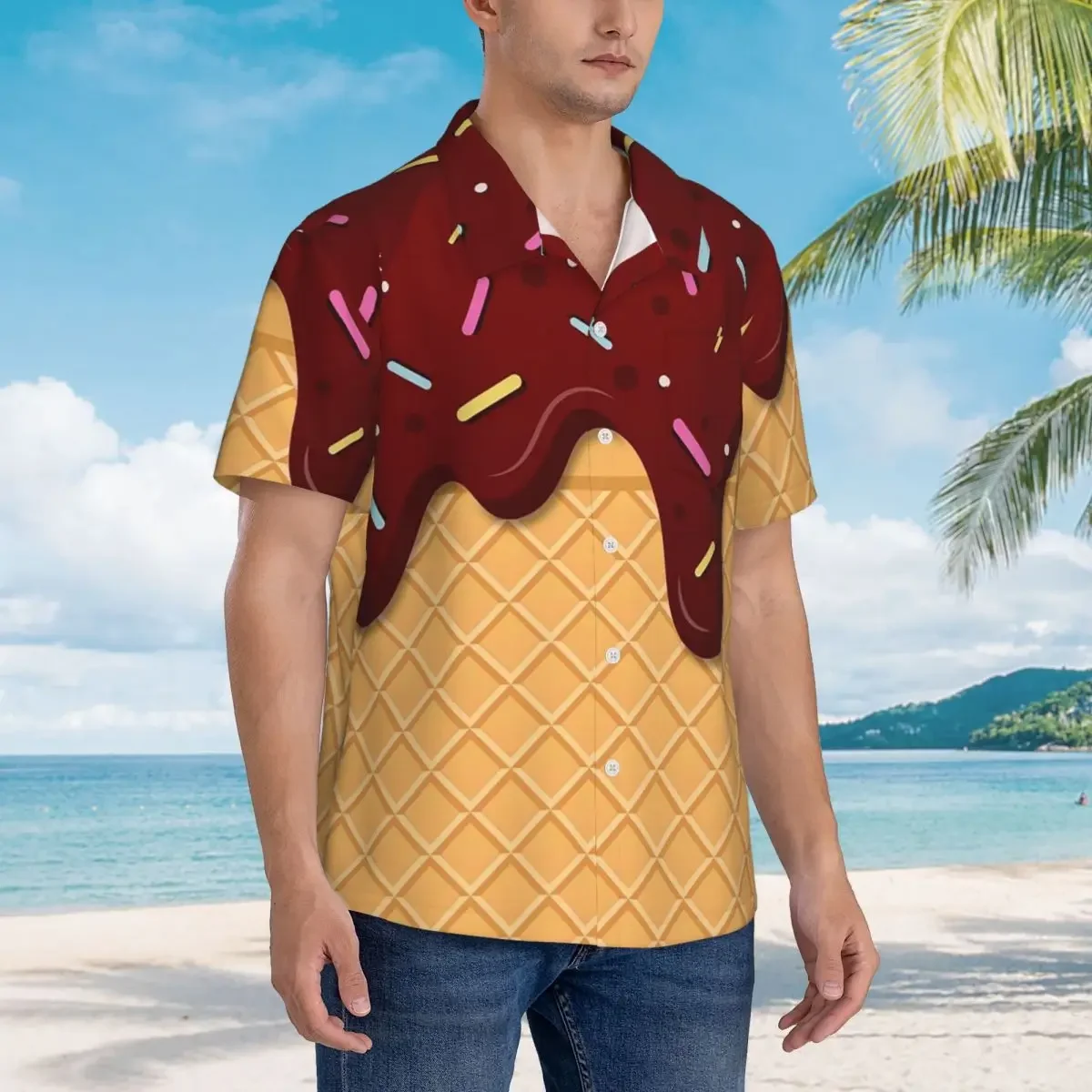 Ice Cream Waffle With Chocolate Hawaiian Shirts Fashion Men Short Sleeve Shirt for Summer Beach Men's Lapel Tops