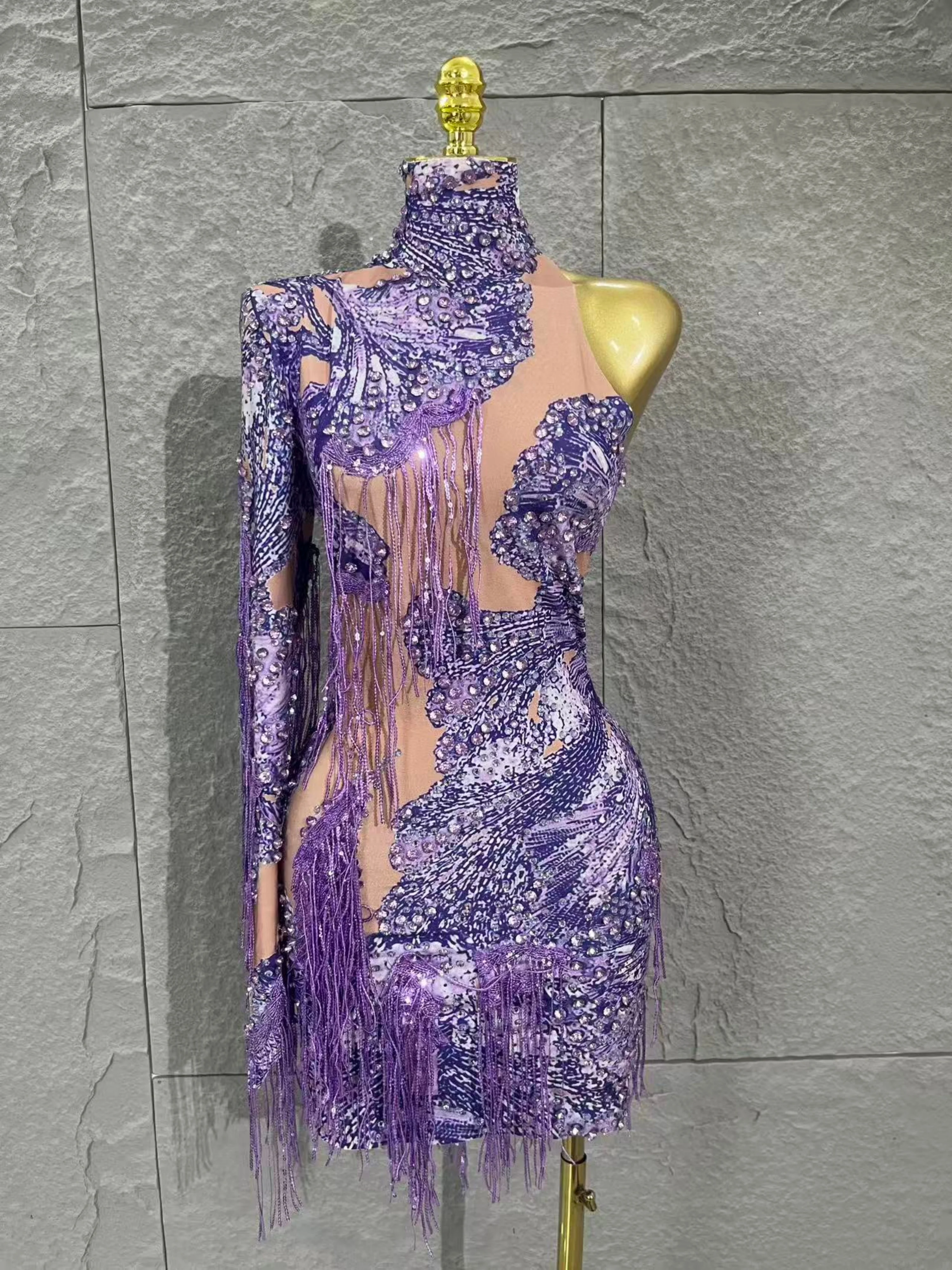 Mini robe violette extensible à manches simples pour femmes, nouvelle célébrité, Sexy, boîte de nuit, chanteur, danseuse, pompon, Costume de scène, fête, 2025