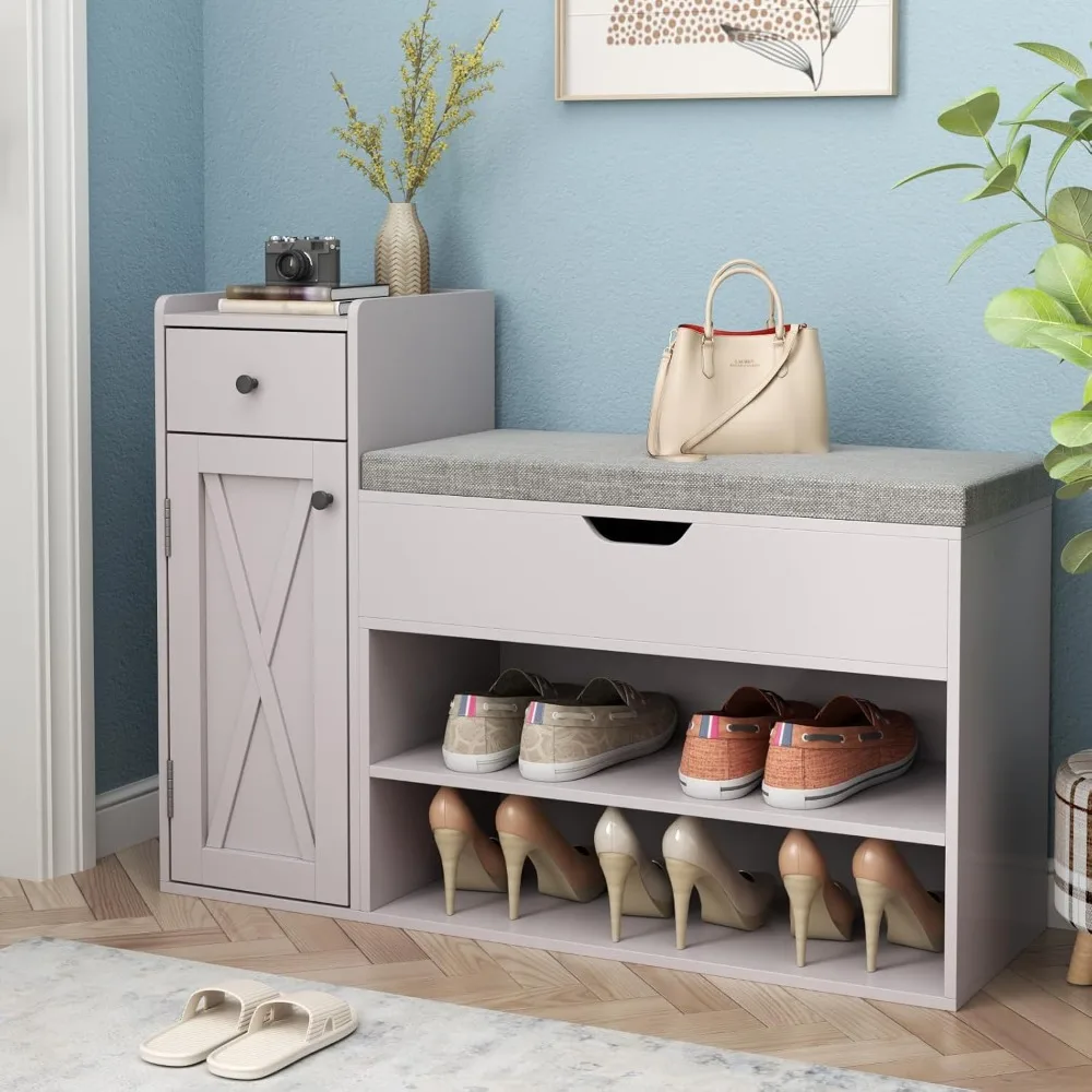 

Shoe Storage Bench, 2-Tier Farmhouse Entryway Bench with Lift Top Storage Box, Drawer & Soft Removable Seat Cushion