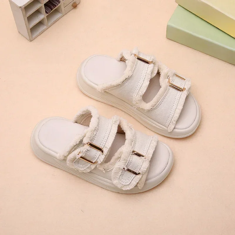 New Summer Style Fashionable Comfortable Casual Wear-resistant and Simple Tassel Girls Open-toe Soft-soled Beach Slippers