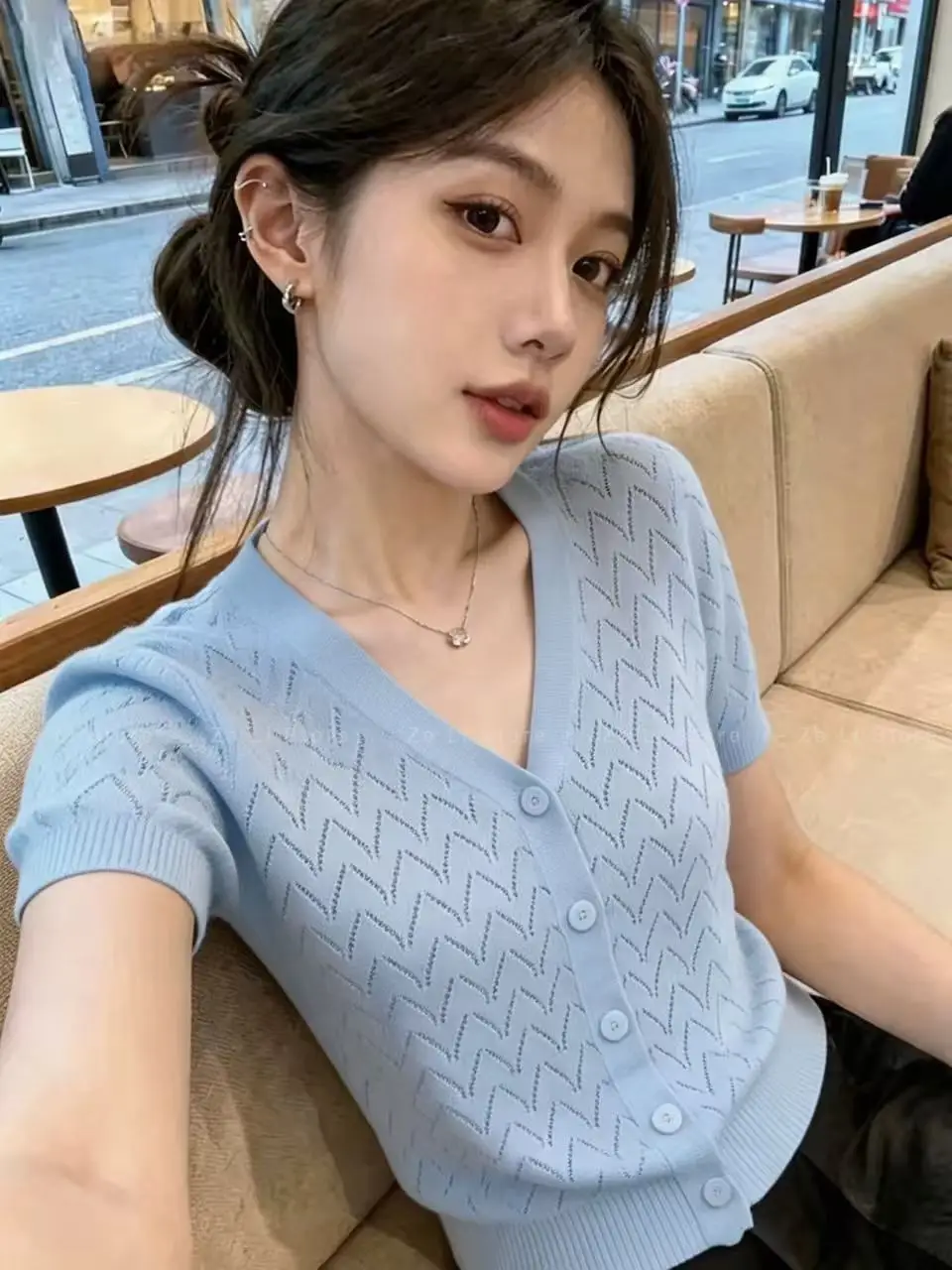 Light Oxygen Refreshing Wind Light Blue V Neckknittingcardigan2026summernew Arrivalwave Cut Out Single Breasted Fashionabletops