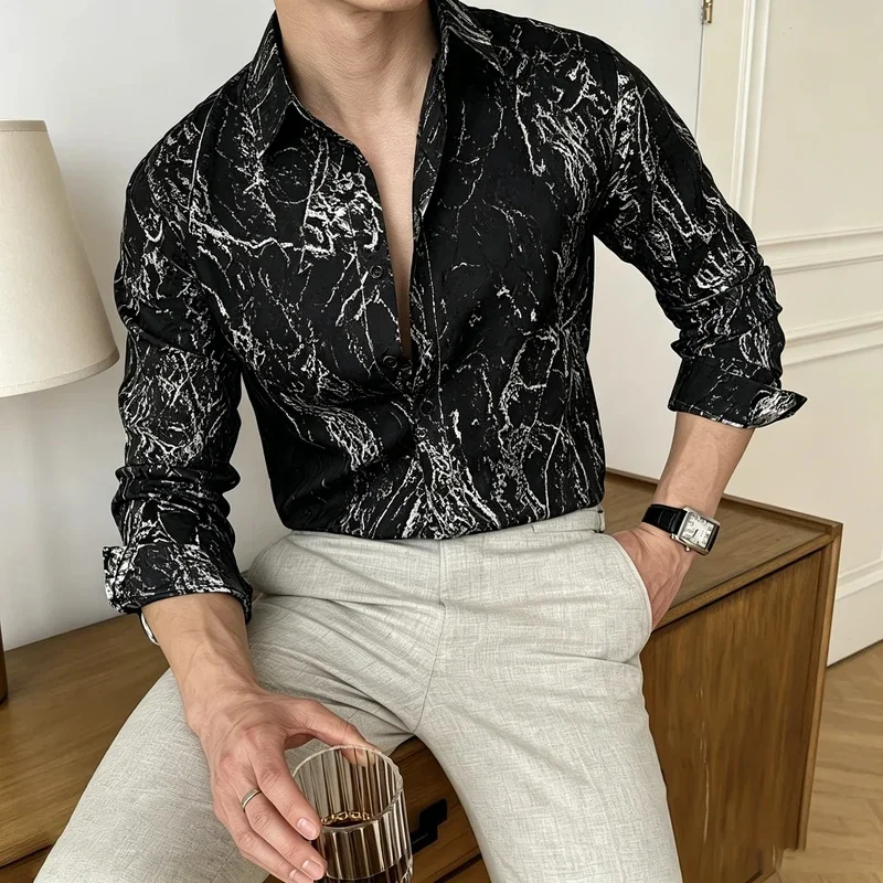 Men's Ink Marble Pattern Long-Sleeve Shirt, Fluid Diffusion Print, Slim Fit, Turn-Down Collar, Mature Casual Shirt