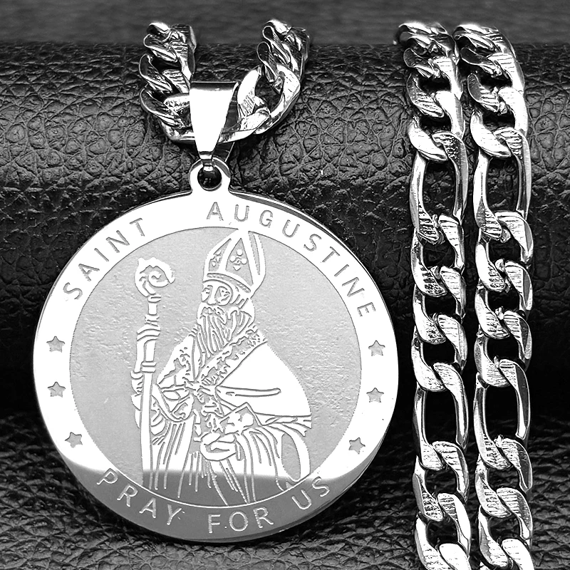 Collier avec pendentif Christian SAINT AUGUSTINE, prière pour nous, pour femmes et hommes, en acier inoxydable, couleur or, médaille ronde, chaîne Punk, bijoux