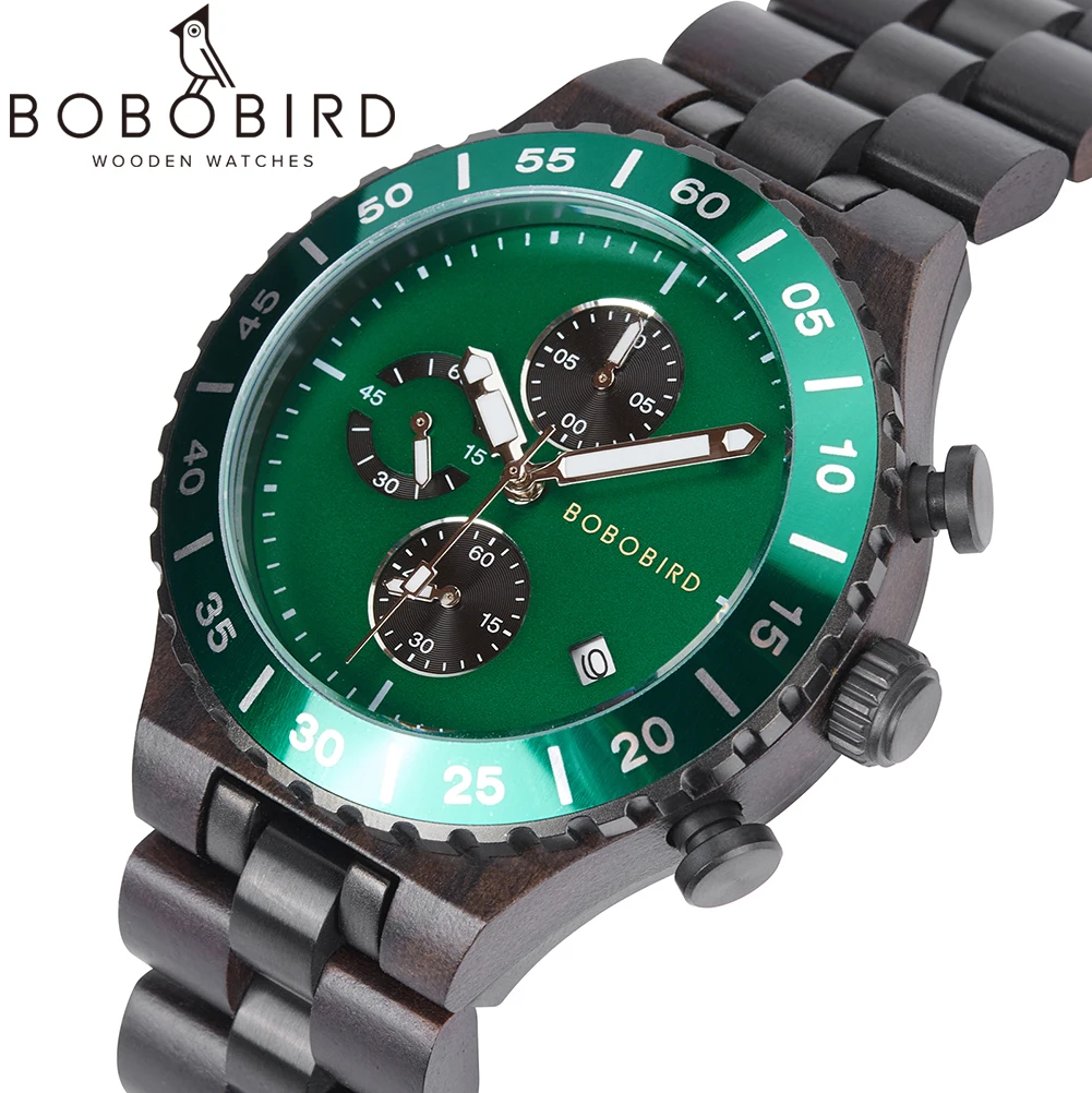 

Мужские часы BOBOBIRD на заказ, Халк, роскошный хронограф, кварцевые спортивные наручные часы, деревянные часы из орехового дерева для мужчин, подарок