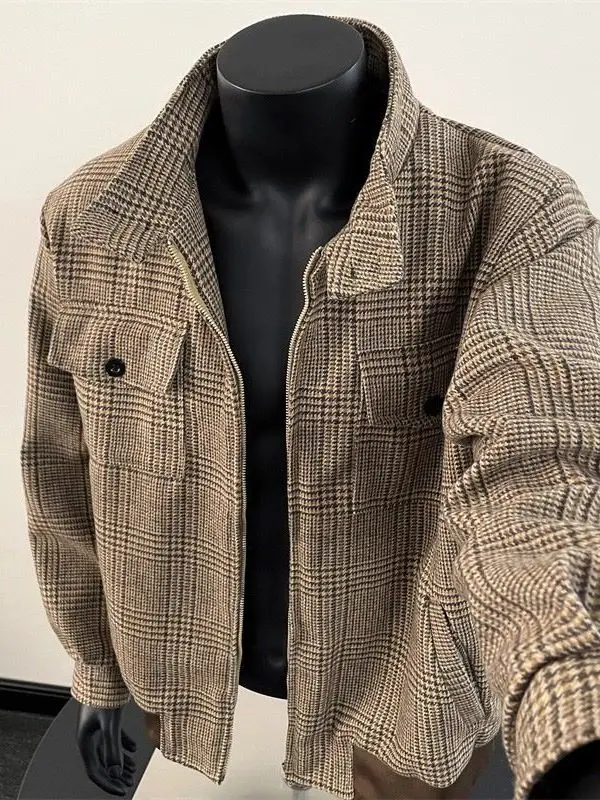 

Retro Plaid Stand Collar Jaet Men's Spring Autumn Loose Versatile Workwear Sle Woolen Coat High-End Feeling