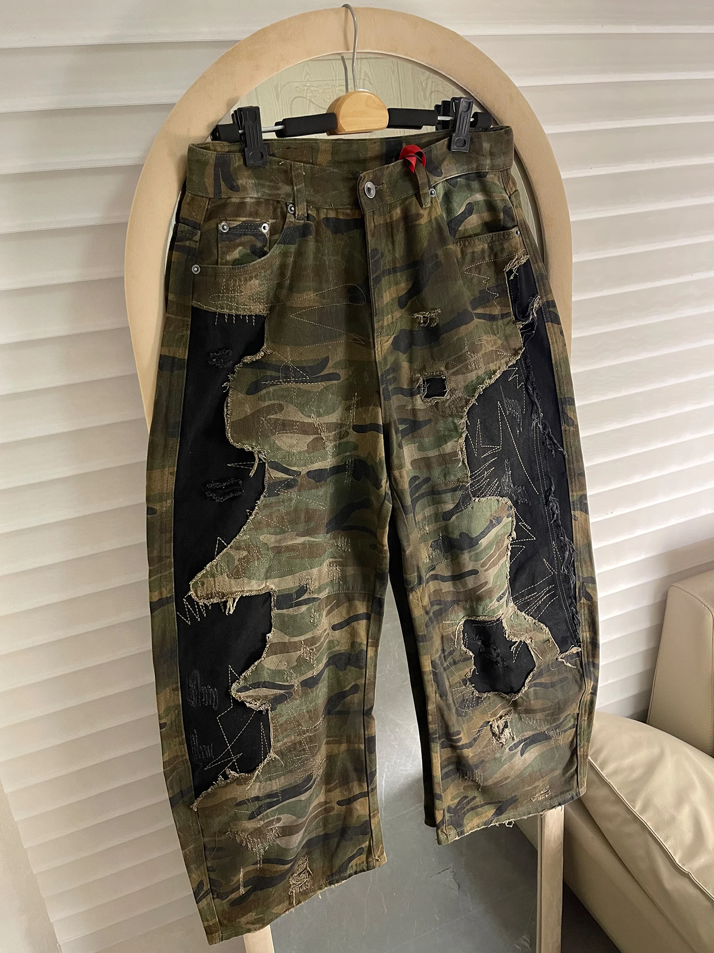 

Parisian Sle American Street Camouflage Patchwork Loose Straight Leg Jeans Men's Women's Retro Distred Long Trousers