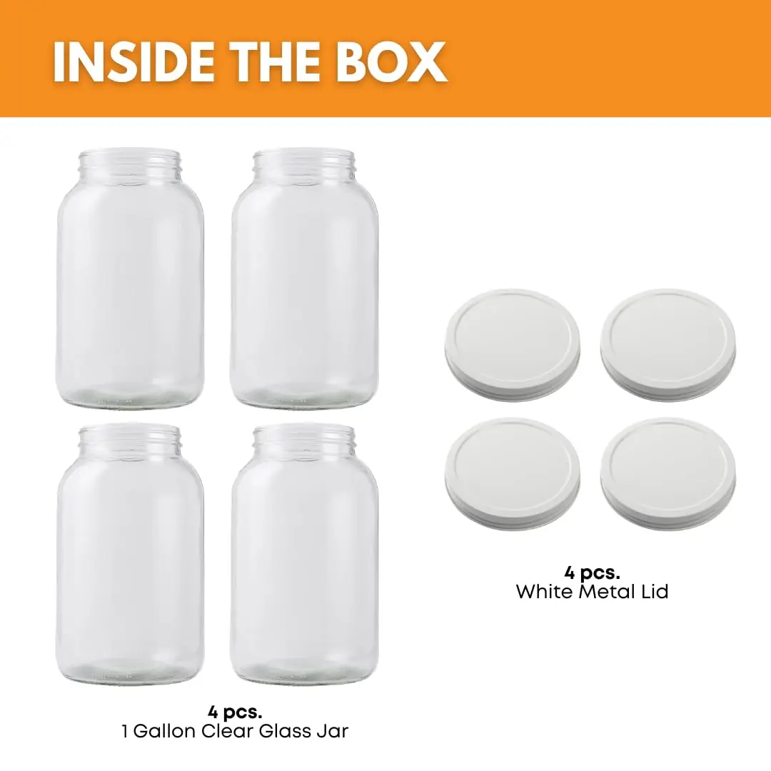 Pack of 4 One Gallon Wide Mouth Jar with White METAL Airtight Lid, 4 Glass Jars with 4 Fermentation Lids, Ideal Glass