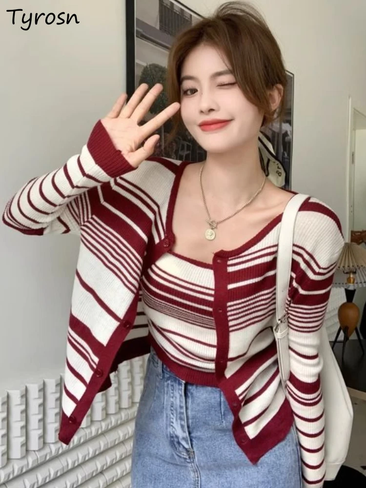 

Knitting Camisole Jacket Sets Women Autumn Chic Striped Daily Leisure All-match Tender Stylish Students Sweet Retro Cozy Ulzzang