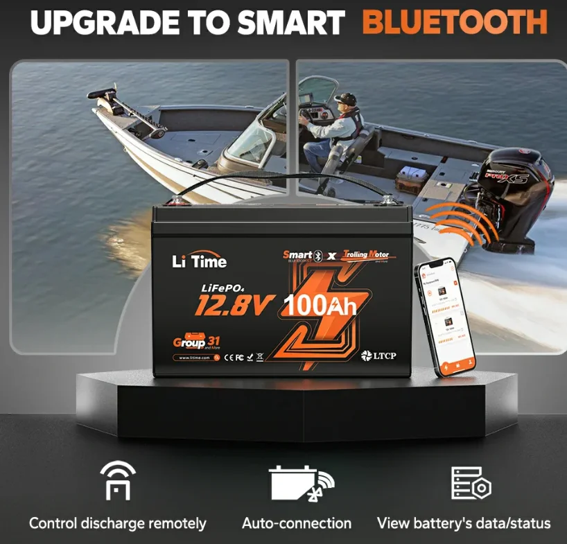 Picture 6: LiTime 100AH Group 31 TM 12V Bluetooth 100A 4000 Cycles 100% DOD BMS Marine Trolling Motor Lithium Ion Battery Pack 100% DOD BMS